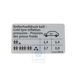 VW Original Etiquette P. Pression De Gonflage Des Pneus - 1T0010390M