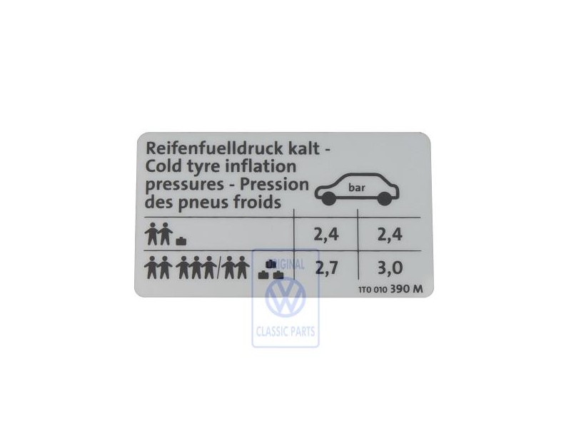 VW Original Etiquette P. Pression De Gonflage Des Pneus - 1T0010390M