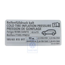 VW Original Etiquette P. Pression De Gonflage Des Pneus - 2K0010689L